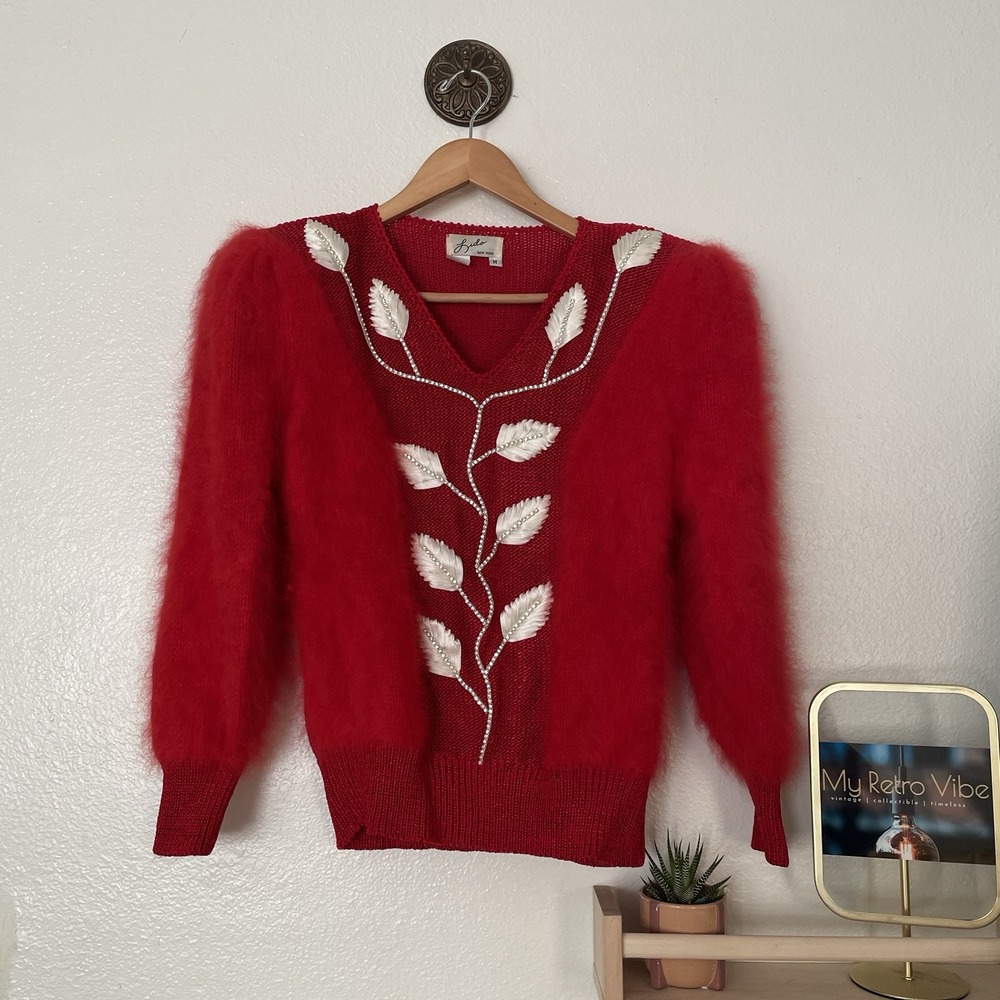 Vintage Red Angora Sweater Balloon Sleeves And Shoulder Pads - Picture 11 of 12